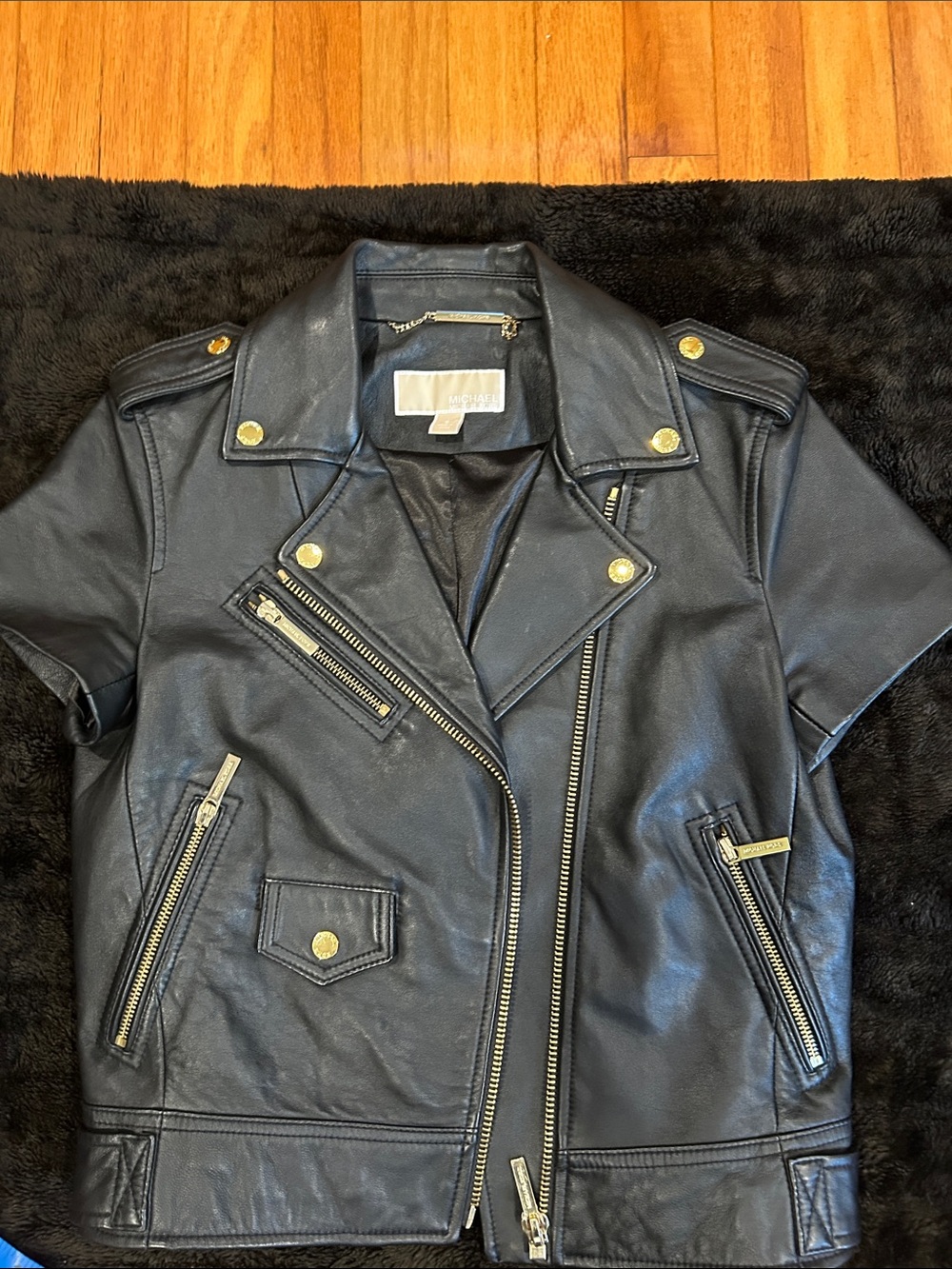Black Leather Moto Jacket with Gold Hardware